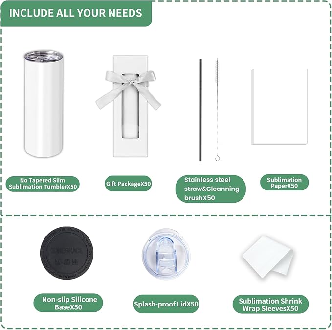 50 Pack Sublimation Tumblers 20 oz Skinny bulk,Stainless Steel Double Wall Insulated Straight Sublimation Tumbler Cups Blank White with Lid,Individually Box,Polymer Coating for Heat Transfer