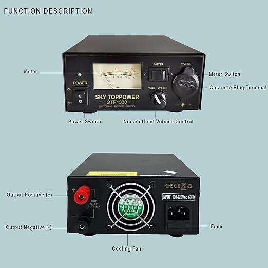 13.8V 30A Power Supply for Ham Radio - AC to DC Converter with Cigarette Lighter Socket & Cooling Fan, STP1330 (SKY TOPPOWER)