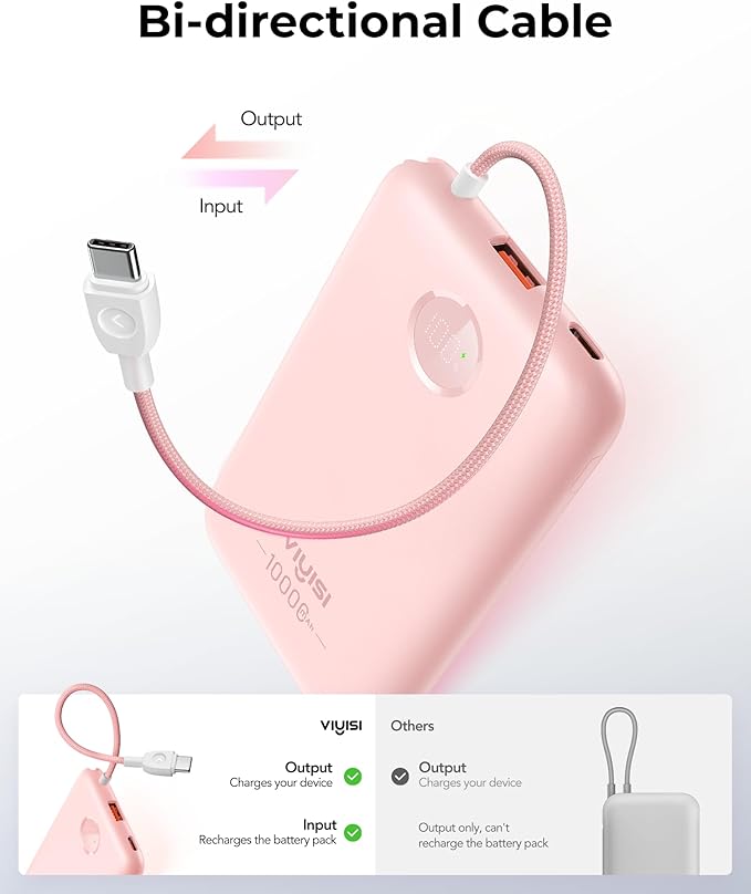 VIYISI Slim Portable Charger Power Bank 10000mAh, PD 20W Fast Charging Compact Battery Pack with Built-in USB C Cable, Travel Essential Compatible with iPhone 17 16 15, Samsung, Android - Pink