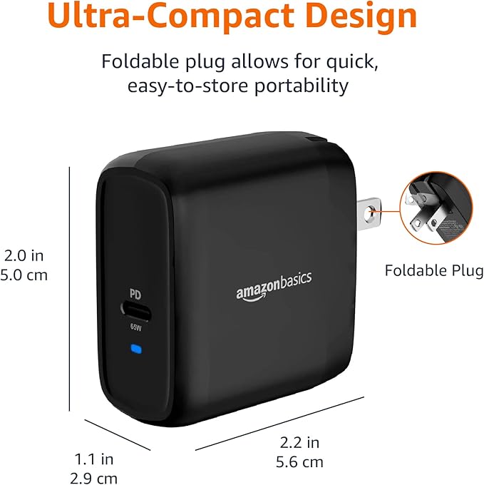 Amazon Basics 65W One-Port GaN USB-C Wall Charger with Power Delivery PD 3.0, Foldable Plug, Portable, Fast Charging for Laptops, Tablets & Phones, Black