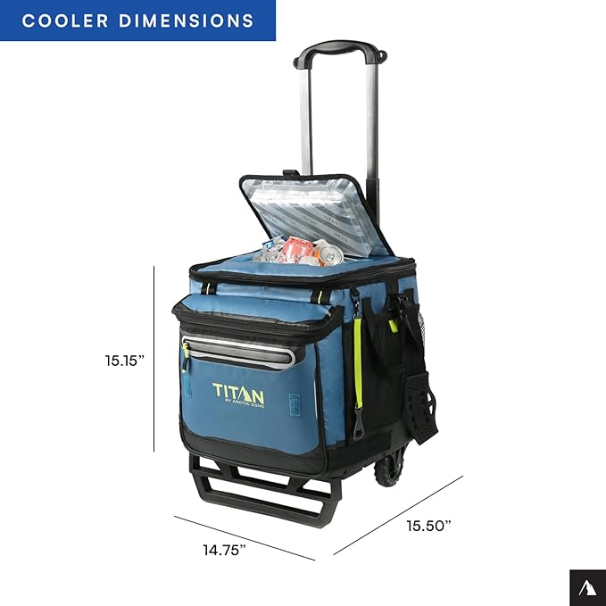 Titan by Arctic Zone Collapsible Wheeled Soft Sided Cooler with Detachable Rolling AT Cart, Insulated Bag with Leak Proof Lining, for Travel, Beach, Picnic, 60 Can Capacity