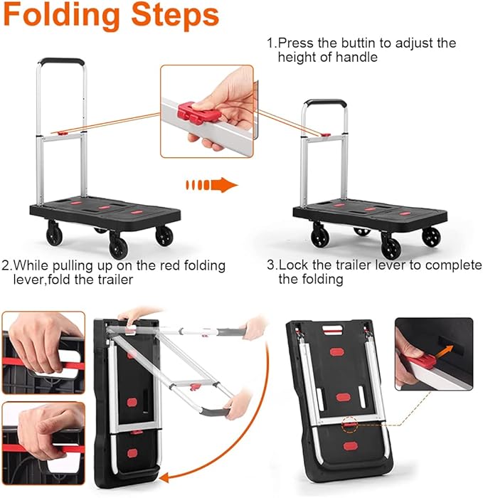 Folding Hand Truck Platform Truck 330 Lbs Heavy Duty Dolly Cart with Wheels, Fully Folded Push Cart, Portable Trolley Utility Cart for Easy Storage, Garage Moving Shopping Home Office