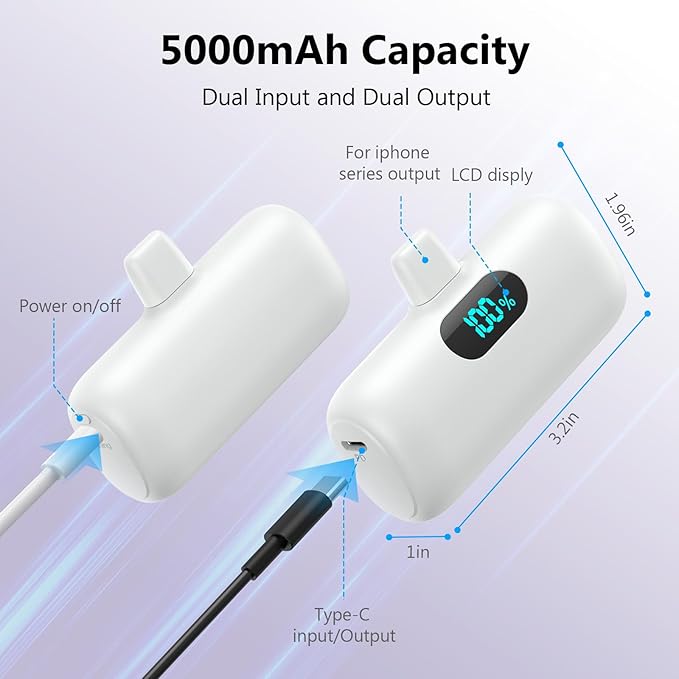 Small Portable Charger for iPhone,Upgraded 5000mAh PD Fast Charging Power Bank,Mini Plug-in Battery Pack Backup Charger Compatible with iPhone 14/14 Pro Max/13/13 Pro/12 Pro/11/XS/XR/X/8/7/6 etc-White