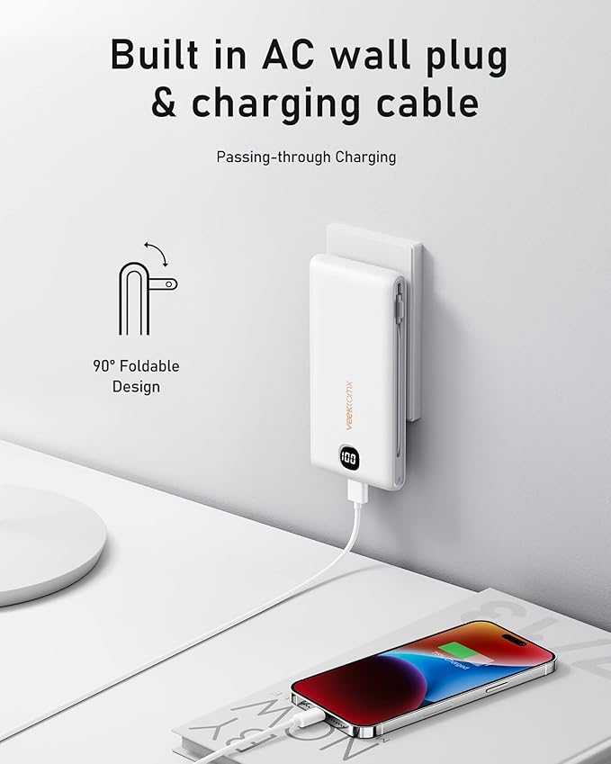 Portable Charger for iPhone Built in Cables and Wall Plug 10000mAh, Power Bank for Phone, USB C Slim Battery Pack with LED Display Compatible with iPhone 17/16/15/14, Samsung