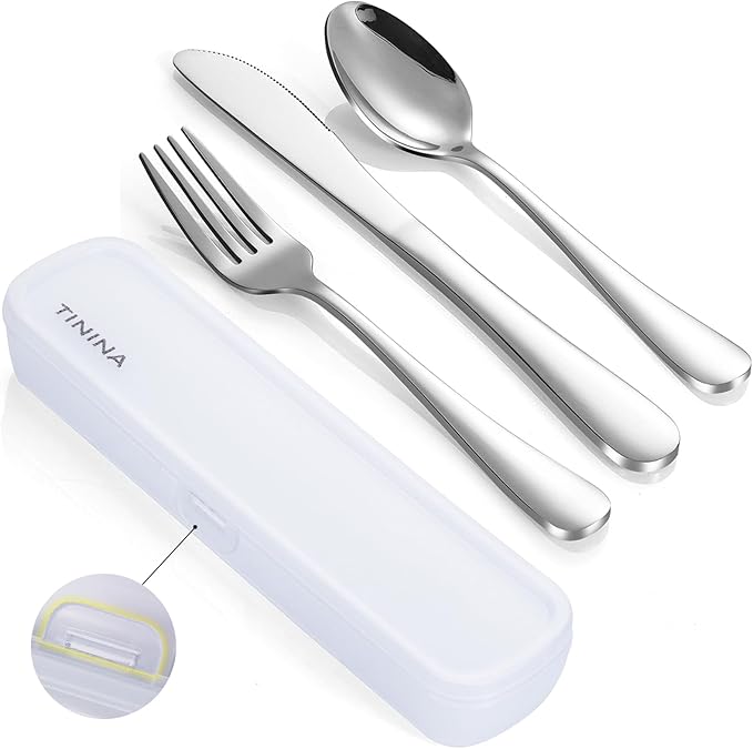 Travel Utensils with Case, 4-Piece Stainless Steel Portable Cutlery Set, Reinforced Case with Buckle Design, Lunch Box for Camping Work School, Include Fork Spoon Knife, Dishwasher Safe, Silver