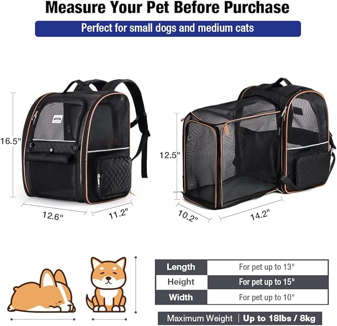 Large Cat Backpack Carrier Expandable Pet Carrier Backpack for Small Dogs Medium Cats Fit Up to 18 Lbs, Dog Backpack Carrier, Foldable Puppy Backpack Carrier for Travel, Black