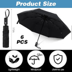 6 Pack Travel Bulk Umbrellas, Automatic Open Close Windproof Rain Umbrellas, Dual-use Black Folding Umbrella Compact Umbrella for Family Men Women