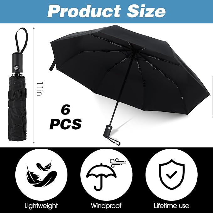 6 Pack Travel Bulk Umbrellas, Automatic Open Close Windproof Rain Umbrellas, Dual-use Black Folding Umbrella Compact Umbrella for Family Men Women