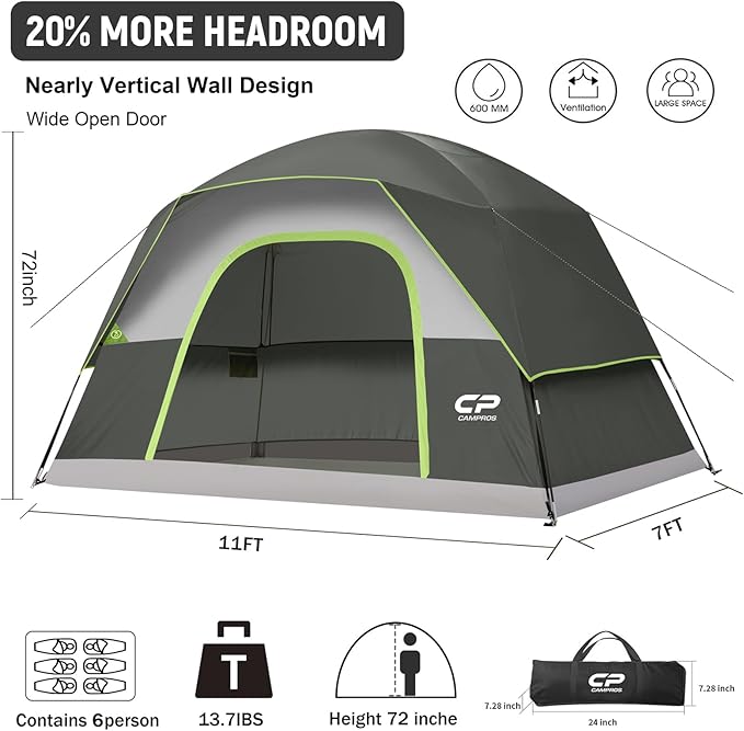 CAMPROS CP Camping Tent 2/4/6 Person, Waterproof Windproof Double Layer Dome Tent, Easy Setup with Large Mesh Windows & Wide Door for Outdoor Camping Backyard