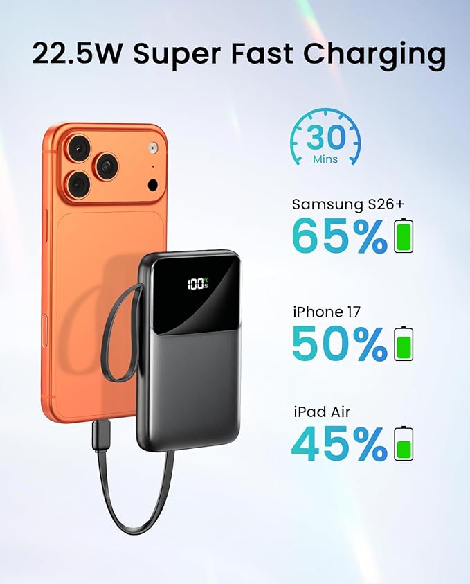 Power Bank, 15000mAh Portable Charger with Built in Cable, 22.5W Fast Charging, 6 Outputs, Slim Travel Essential Battery Pack with LED Display, Compatible with iPhone 17/16/15/14/13, iPad Black