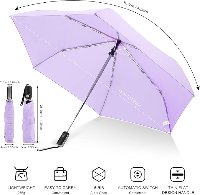 Compact Travel Umbrella for Purse - Flat Handle, Waterproof for Light Rain
