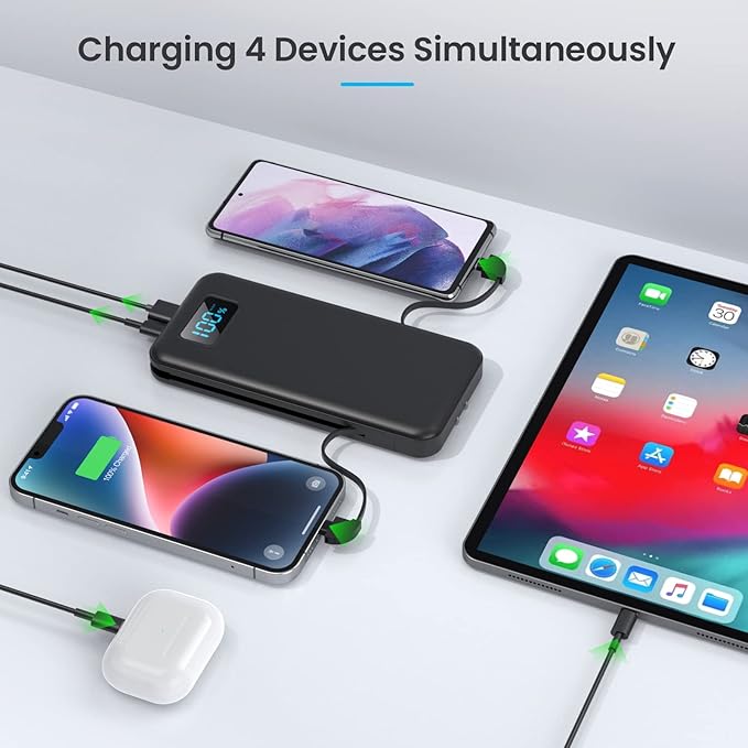 Portable Charger for iPhone with Built in Cables & Wall Plug,10800mah Travel Essentials Power Bank,4 Output LCD Display External Battery Pack Phone Charger for iPhone 17/16/15/14,Galaxy,Android etc