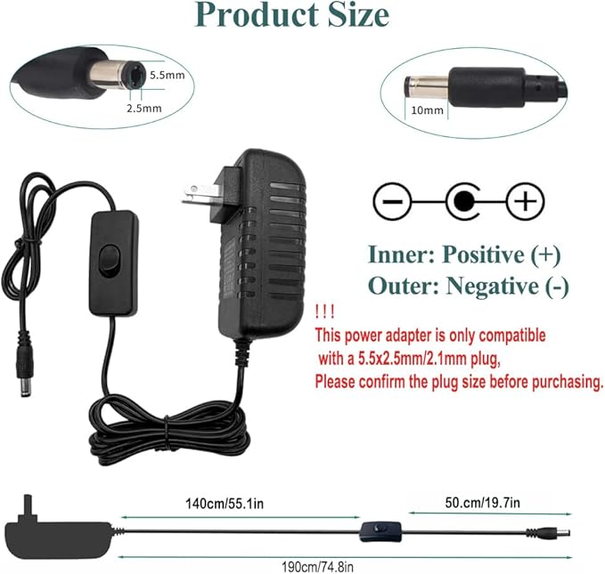 24V 1A AC Power Supply with On/Off Switch Adapter 100-240V to DC 24V Power Adapter Transformer DC 6.2FT Power Cord with 5.5x2.5mm Plug