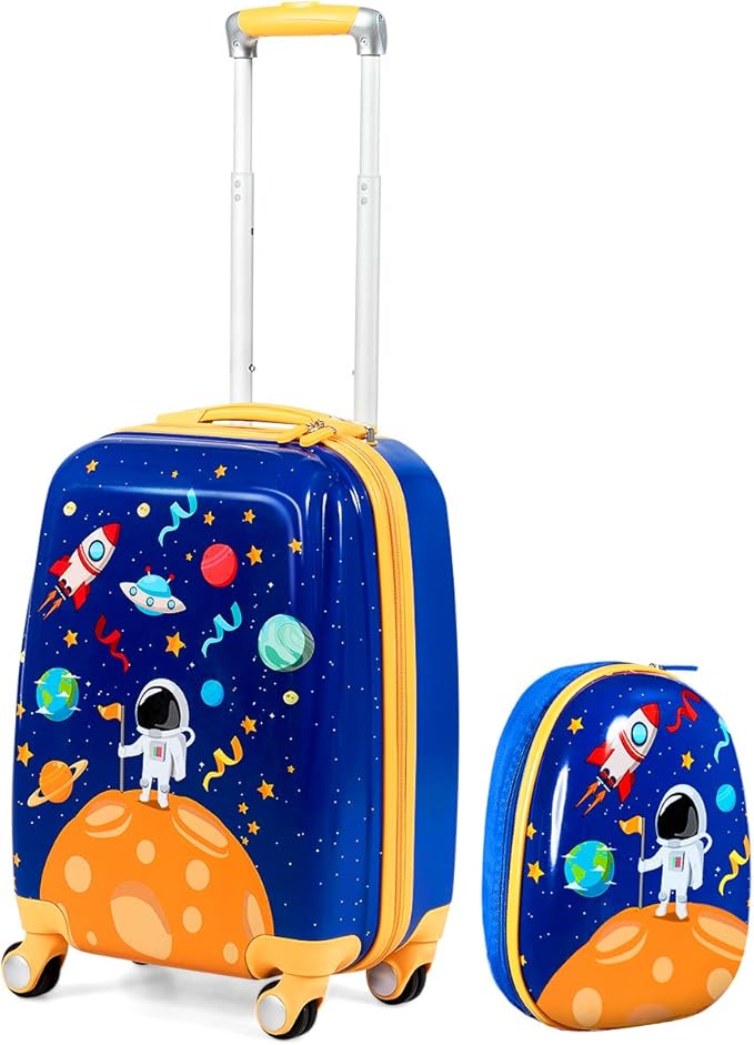 Goplus Kids Luggage Set, 12" & 18" Kids Carry On Luggage Set, Multi-directional Wheels Suitcase, Large Capacity Rolling Trolley Suitcase, Gift for Boys and Girls Toddlers Children Travel