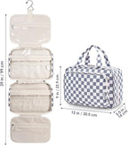 Narwey Travel Toiletry Bag for Women Large Hanging Makeup Bag Organizer Toiletries Bag for Full Size Essentials Accessories Cosmetics (Grayish Blue Checkerboard (Large))