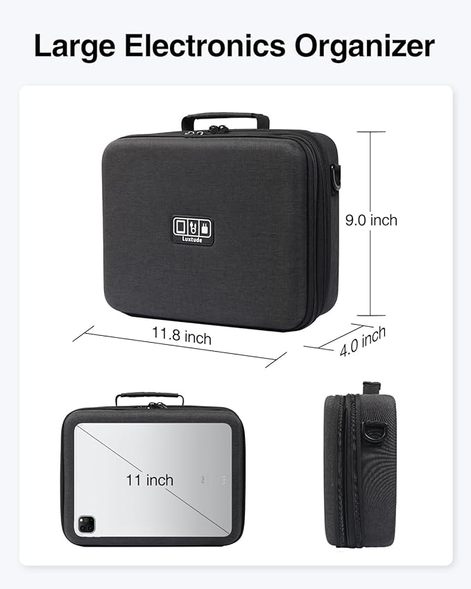 Luxtude Electronic Organizer Travel Case Large, Hard Case for Electronics with Shoulder Strap, Fits for iPad (Up to 11’’), Tech Gifts