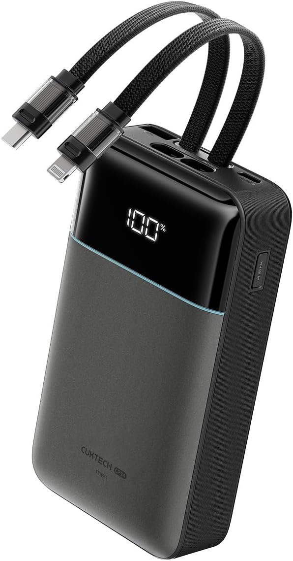 CUKTECH 20,000mAh Power Bank, Built-in USB-C & MFi Lightning Cables, 40W Fast Charging Portable Charger, 4-Port Output External Battery Pack for iPhone 17/16/15/14/13/12 Pro Max, iPad, Samsung S26