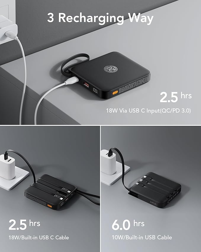 VRURC 20000mAh Portable Charger with Built-in 4 Cables, Battery Pack Charger Portable PD 20W Fast Charging, Power Bank for iPhone 17 X Samsung Galaxy S26 Series Android Phone, Black