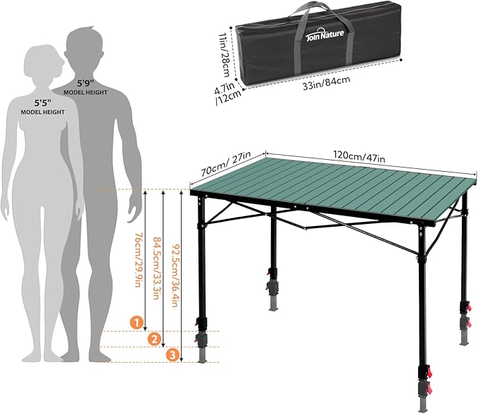 Join Nature Portable Outdoor Adjustable Height Camping Table, Large for 2-6 Person, Foldable Roll-up Aluminum Camp Table with Carry Bag for Picnic, Camp, Sturdy, Stable, Loads 220 Lbs (Green)