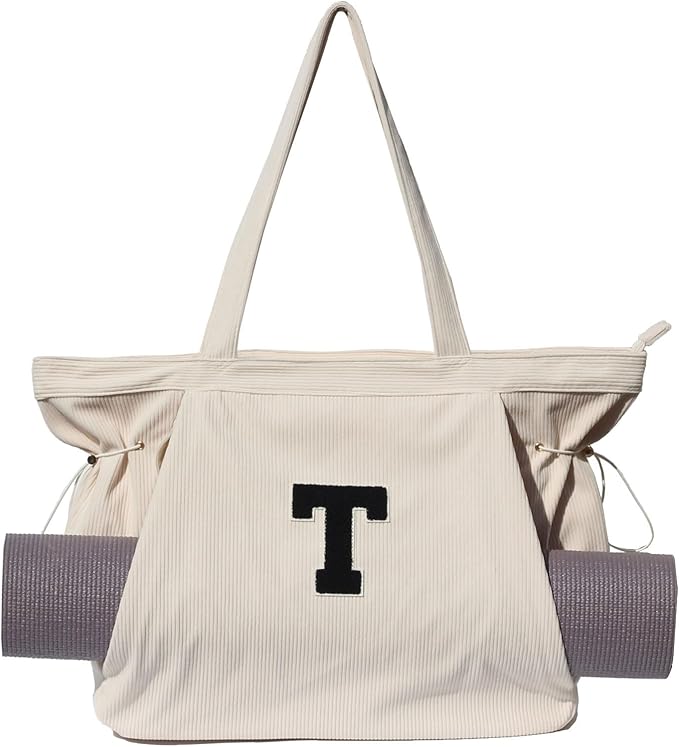 ESVAN Corduroy Yoga Tote Bag Gifts for Women Drawstring Yoga Mat Bag for Office Workout Travel Carryall Pilates Gym