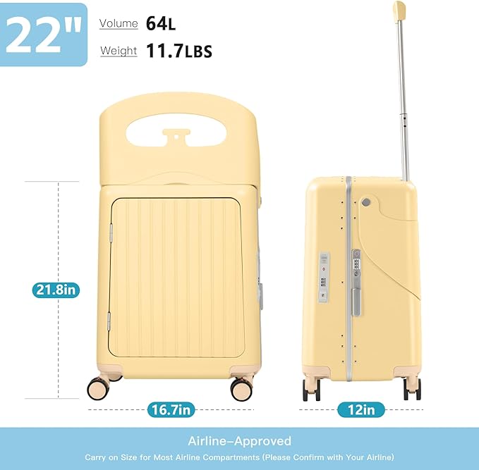 advwin 22" Ride-On Luggage with Seat for Kids & Adults, Lightweight Hardside Ride-On Suitcase with Front Opening, TSA Lock, 360° Spinner Wheels, Yellow
