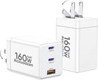 [2 Pack] USB C Charger Block 160W, 3-Port GaN Super Fast Charger, Dual 65W Type C Charging Block, Foldable QC3.0 Laptop Fast Charging for MacBook, iPhone, Samsung, Galaxy, iPad, Android, White