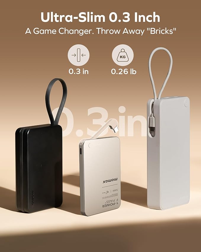 MOMAX 0.3" Slim Portable Charger with Built in Cable USB C Battery Pack (No Wireless) 5000mAh, PD 20W Fast Charging Power Bank for iPhone 17/16/15, Samsung Galaxy, Google Pixel, Android, iPad, AirPods