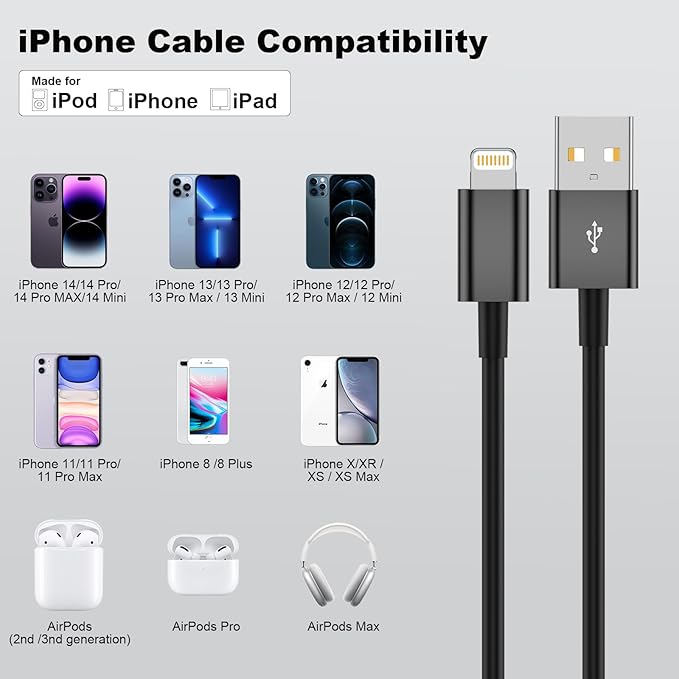 Cveael Car Carplay Cable, 3FT USB A to Lightning Cable Compatible for iPhone 14 13 12 11 Pro Max XR XS X 8 7 6 Plus SE iPad Charger Car Charging Cord (Black)