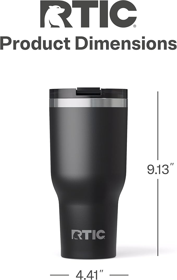 RTIC 40oz Essential Tumbler with Lid, Ceramic Lined, Insulated, Stainless Steel, Metal, Double Wall Vacuum-Insulation, Travel Cup for Iced Coffee, Tea, Hot and Cold Drink, Black