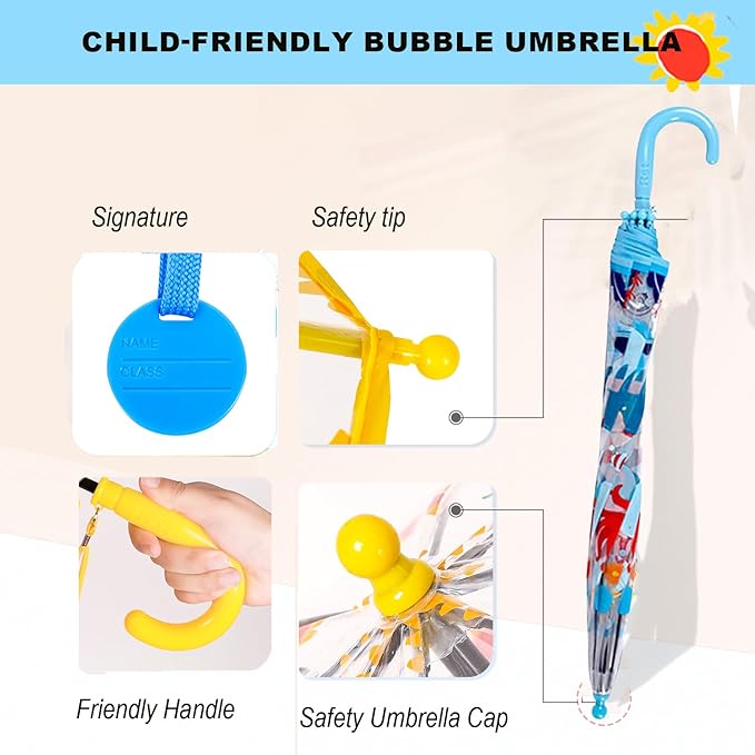 MRTLLOA Kids Clear Bubble Umbrella with an Easy Grip Curved Handle, Safety Transparent Dome Bubble Umbrella for Toddler Boys Girls