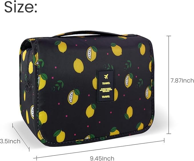 Lcsmaokin Large Capacity Toiletry Bag Travel Bag with Hanging Hook for Men and Women Waterproof Travel Cosmetic Bag Bathroom Storage Bag for Brushes Set,Full-Sized Shampoo,Accessories-Black Lemon