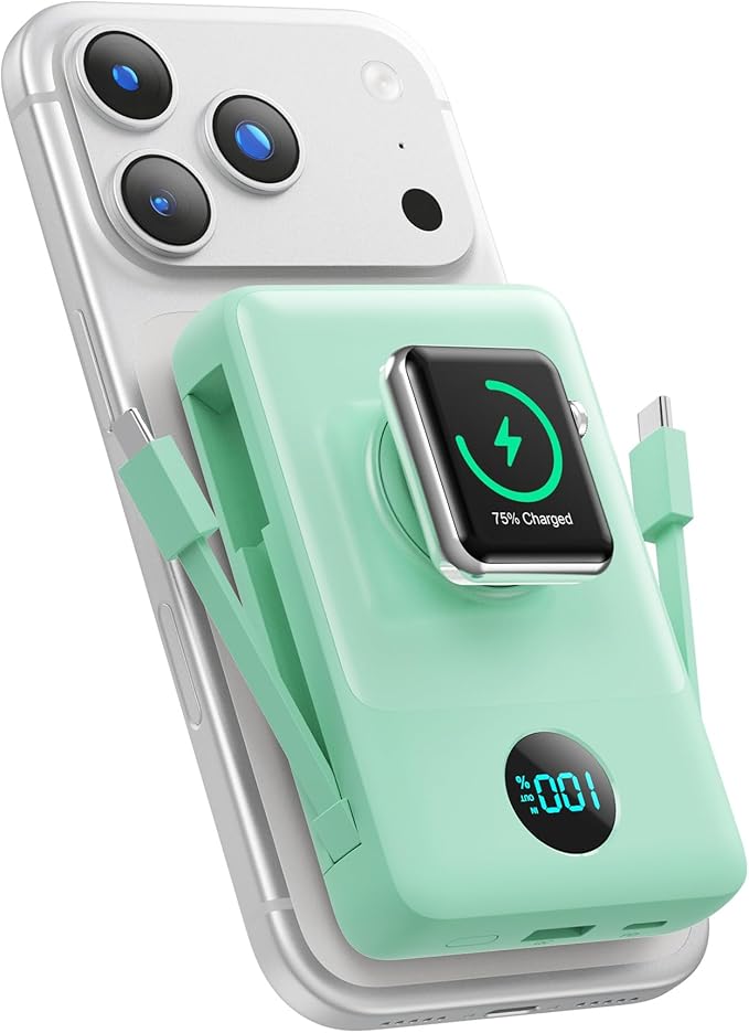 6 in 1 Magnetic Portable Charger for iPhone with Built-in Cables, 10800mAh 25W PD Fast Charging Power Bank, 6 Outputs LCD Display Travel Essential Battery Pack for iPhone 17/16/15/14/13/12 (Green)