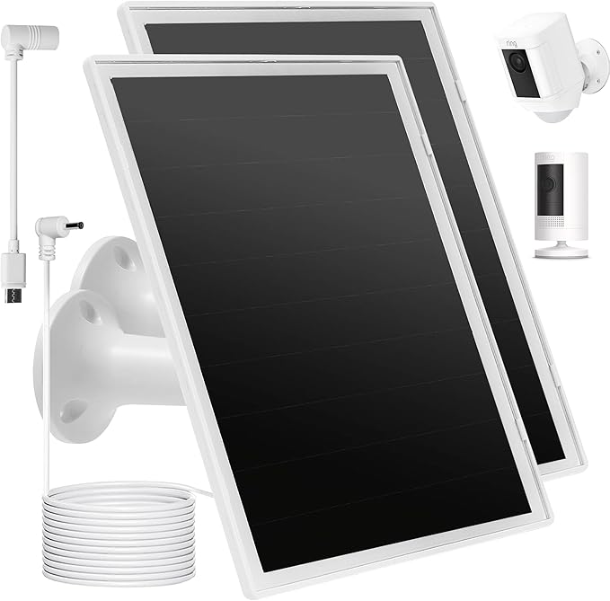 Solar Panel Charger for Ring Camera, Compatible with Ri ng Stick Up Cam, Stick Up Cam Pro, Ring Spotlight Cam Plus/Pro, 6W5V 13ft Charging Cable (White-2Pack)
