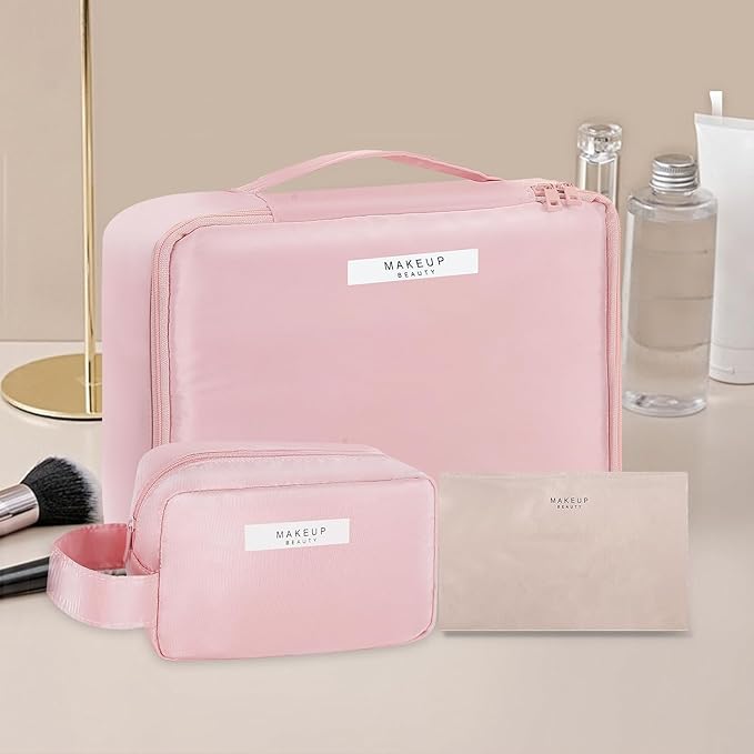 Queboom Travel Makeup Bag Cosmetic Bag Makeup Bag Toiletry bag for women and men (Pink-3pcs)