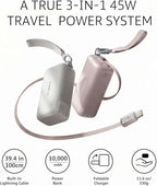 TORRAS FlexLine PowerGo 3-in-1 Portable Charger, 10000mAh Power Bank, 45W Fast Charging with 3.3 ft Built-in Retractable USB-C Cable & Foldable Wall Plug for iPhone 17/16/15, iPad