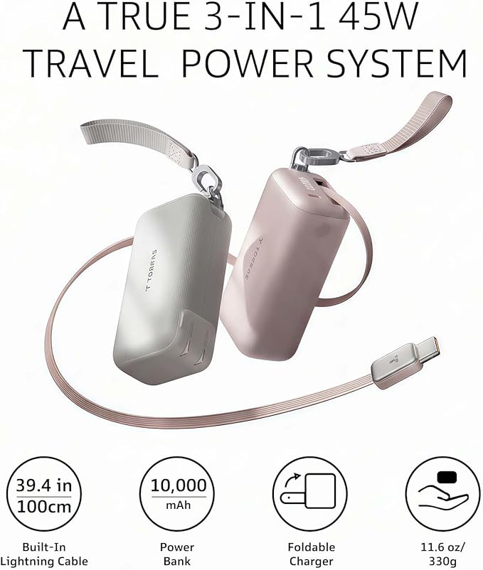 TORRAS FlexLine PowerGo 3-in-1 Portable Charger, 10000mAh Power Bank, 45W Fast Charging with 3.3 ft Built-in Retractable USB-C Cable & Foldable Wall Plug for iPhone 17/16/15, iPad