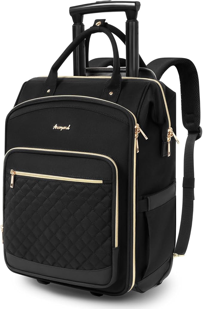 Rolling Backpack for Women, Travel Backpack with Wheels, Vertical Storage Wheeled Laptop Backpack, Overnight Underseat Carry on Luggage for College Business Work, Stylish Rolling Laptop Bag, Black