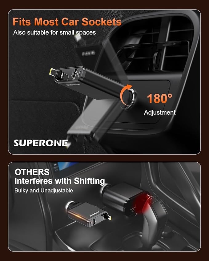 SUPERONE Car Charger USB C Fast Charge,Ultra-Slim Retractable Car Charger for Car Accessories for Women Men,Car Charger Adapter for iPhone 17 16 15 14 13 12,Samsung,iPad,Airpods