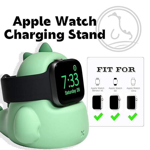 ELETIUO Charger Stand Compatible with Apple Watch Series Ultra2/Ultra/10/9/8/SE2/7/6/SE/5/4/3/2/1 (49/46/45/44/42/41/40/38mm),Dinosaur iWatch Charging Dock,Supports Nightstand Mode,Mint Green