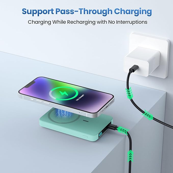 Magnetic Portable Charger 10800mah for Magsafe Battery Pack, Wireless Power Bank with PD Fast Charging,Travel Essential Phone Battery Charger for iPhone 17/16/15/14/13/12 Series-Green