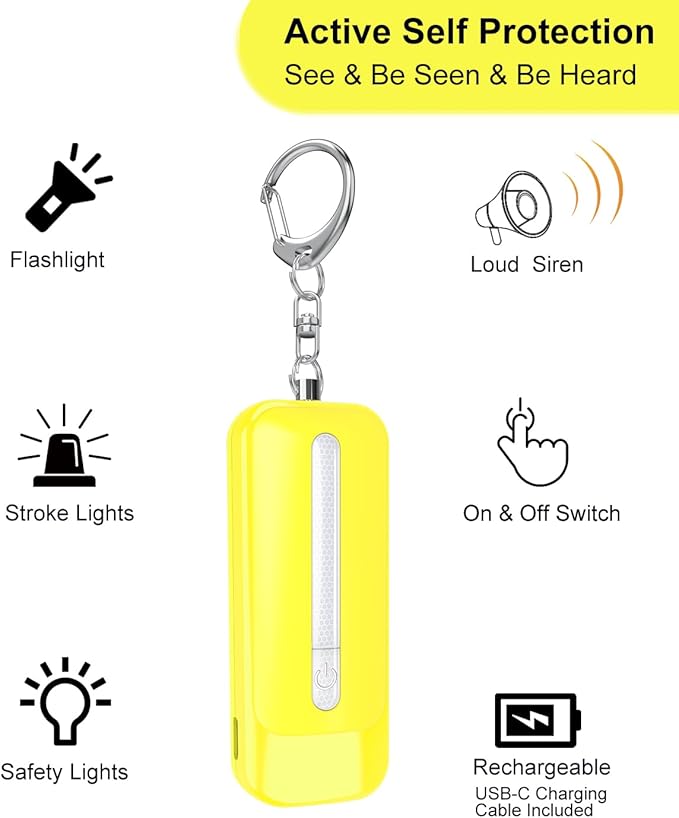 Personal Alarm for Women, Rechargeable with Safety Lights & Low Battery Notice, 130dB Siren with LED Flashlight Strobe Light for Emergency, Dual Light Sources Safety Keychain