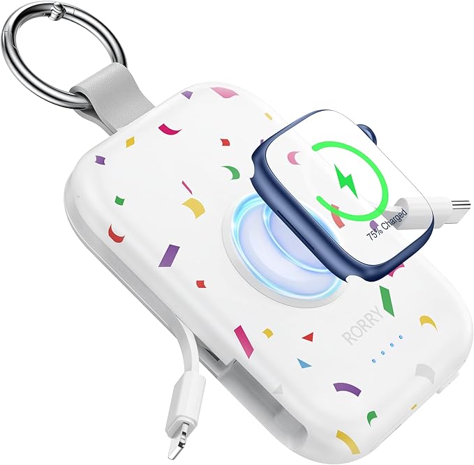 RORRY CharmGo Portable Charger, 5000mAh Portable Charger Power Bank with Built-in Cables, Travel Keychain Battery Pack for Apple Watch and iPhone Air/17/16/15/14/13/12, Confetti-White