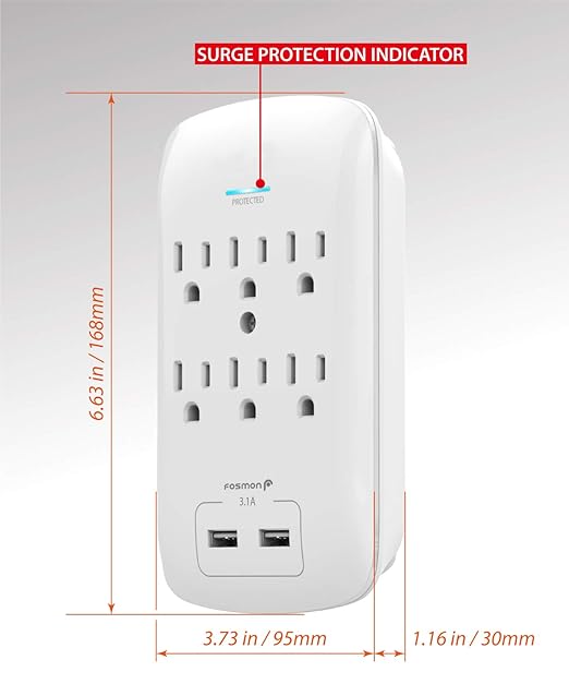 Fosmon 6 Outlet Wall Surge Protector Outlet Wall Mount, USB in Wall Charger Surge Protector (1200 Joules), 2 USB ports 3.4A, 1875W, 3-Prong Grounded