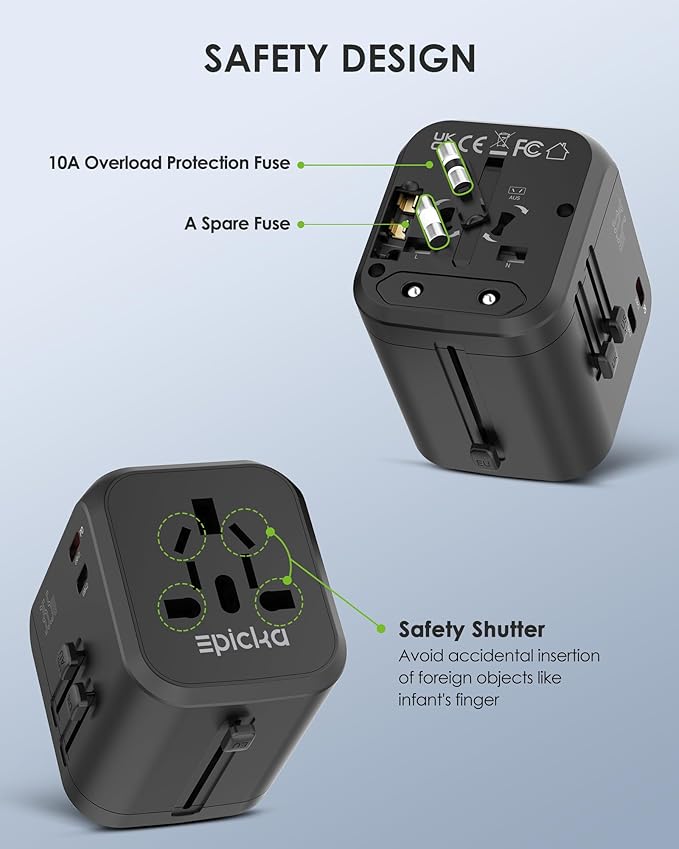 EPICKA 35W Universal Travel Adapter with 2 AC Outlet, European Travel Plug Adapter with PD Fast Charging, 6-Port (2 AC/2 USB-C/3 USB-A) International Power Adapter - Travel Essentials (TA-205, Black)