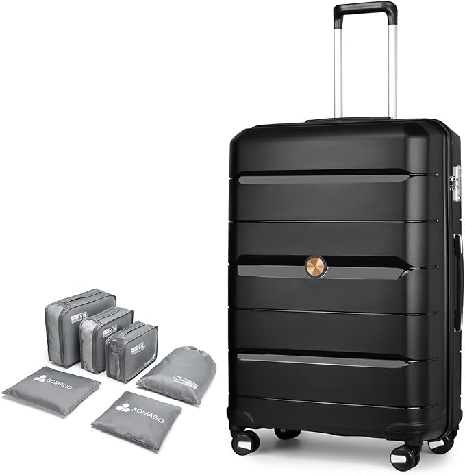 Somago 28 Inch Luggage With Spinner Wheels Hard Shell Polypropylene Suitcase with TSA Lock and YKK Zipper,Classic Black