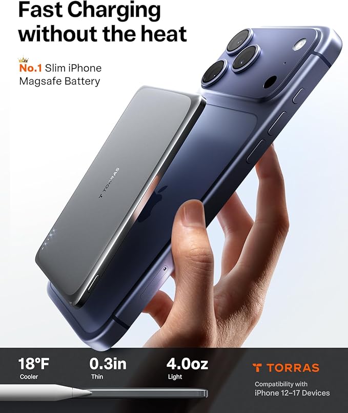 TORRAS MiniMag Pro Power Bank, Ultra Slim Semi Solid-State Portable Charger, Wireless 5,000mAh Magnetic Battery Pack for iPhone 17/16/15/14/13/12, Fast Charging, Infinite Grey