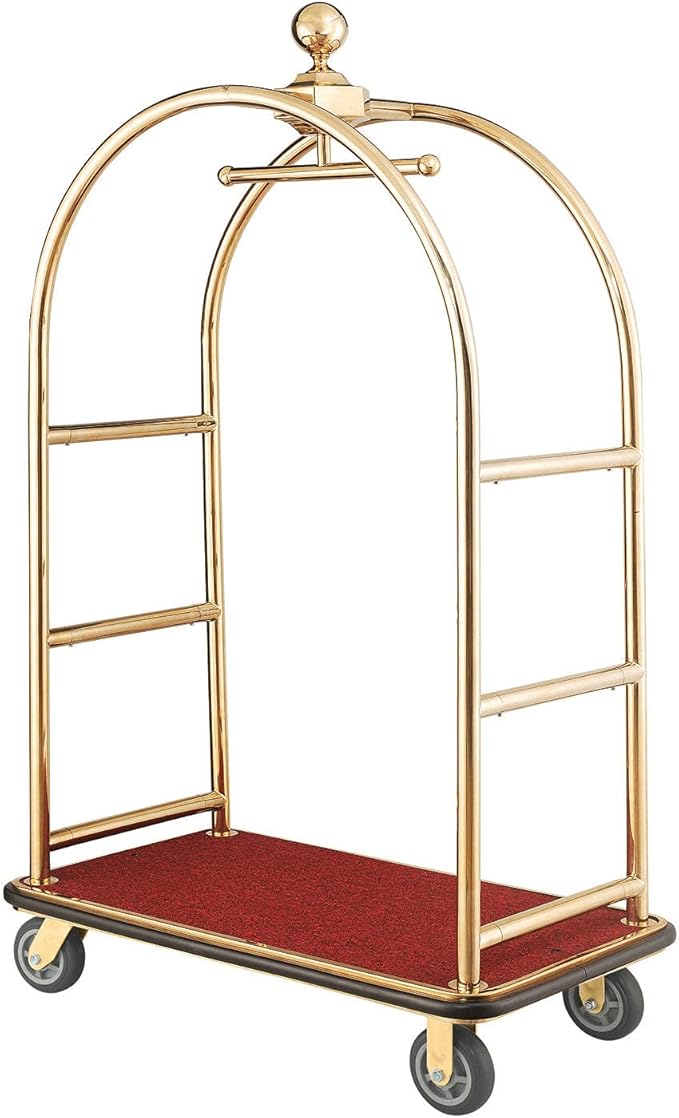 Global Industrial Gold Stainless Steel Bellman Cart Curved Uprights 6" Rubber Casters, 41-1/4"L x 24" W x 73" H, Hotel Luggage Cart for Commercial Use, Condos, Resorts