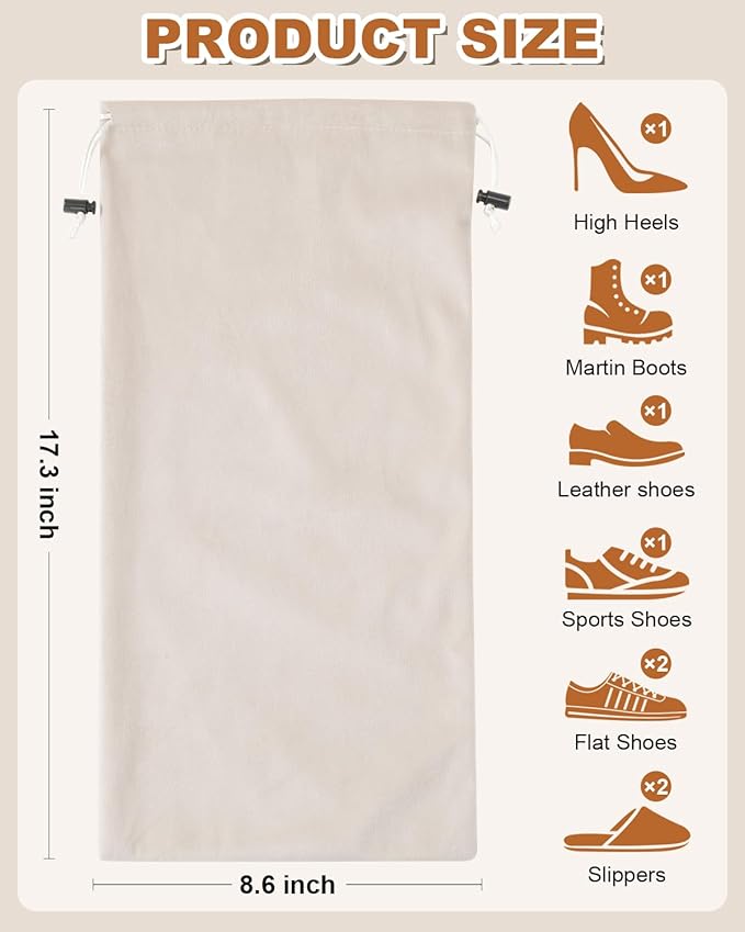 2 Pcs Single Shoe Bags for Travel, 17.3"x8.6" Washable Travel Shoe Bags for Packing in Suitcase, Velvet Dust Bag with Drawstring, Shoe Pouch for Women and Men, Travel and Home Storage (Beige)