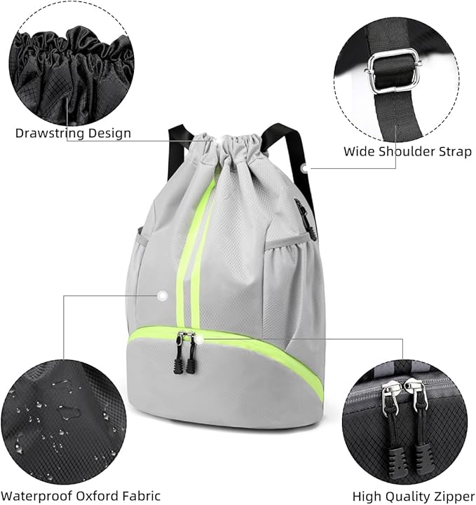 Valleycomfy Sports Drawstring Backpack - Water Resistant String Bag with Side Mesh Pockets Shoe Compartment Gym Backpack for Women & Men Grey