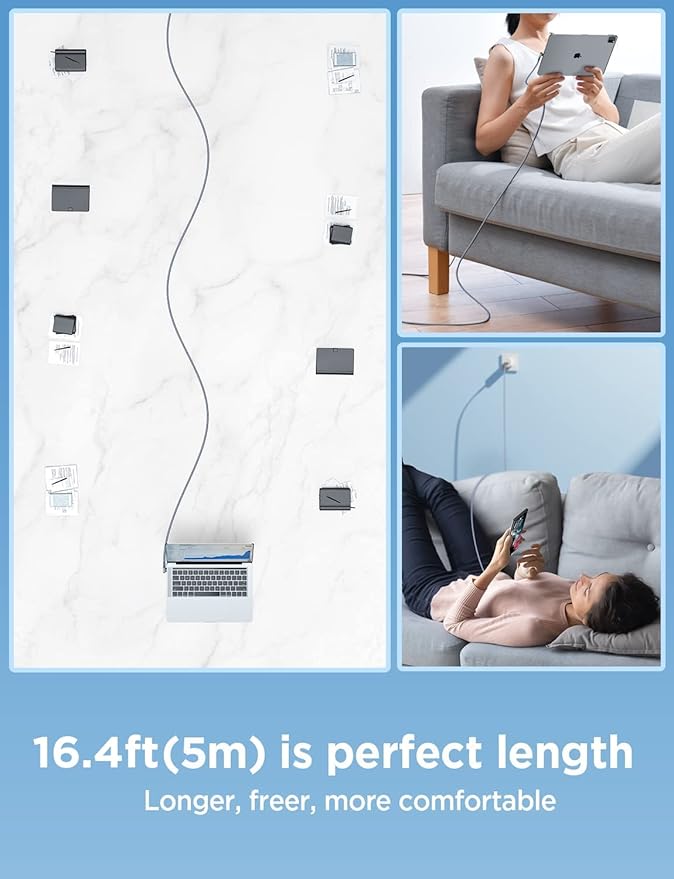 AINOPE USB C to USB C Cable 60W, 16.4ft USB Type C Cable Right Angle, Compatible with Samsung Galaxy S21 S20, Note 20 Ultra 10 9 8, MacBook Air/Pro 13'', iPad mini 6/Pro/Air 2020 (16.4FT, Grey)